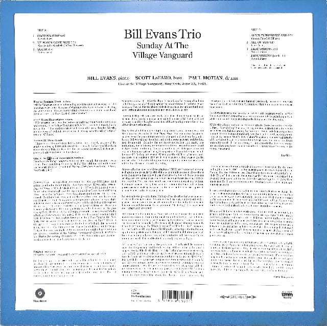 Bill Evans Trio - Sunday At Village Vanguard EU VG – płyta winylowa, okładka tył