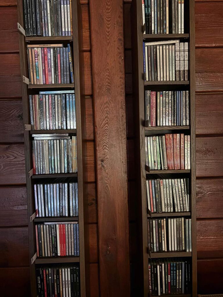 Płyty CD ułożone alfabetycznie na drewnianych półkach w magazynie music-space