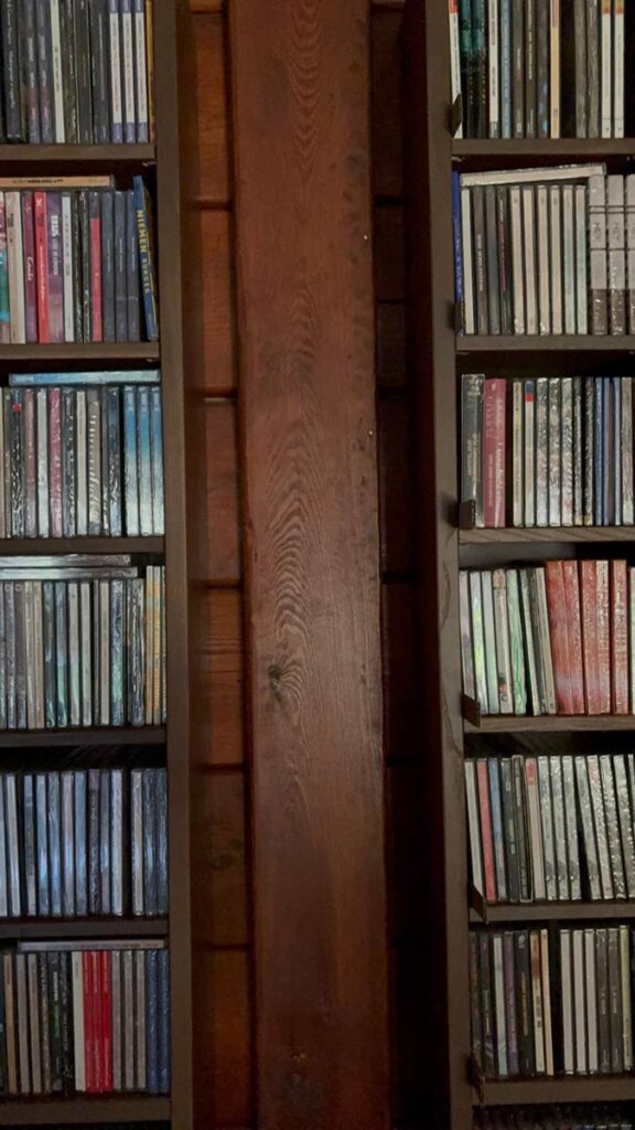 Płyty CD na wąskich półkach po obu stronach drewnianej belki w magazynie music-space