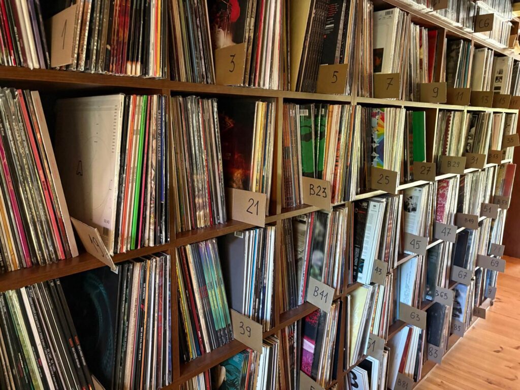 Płyty winylowe w ponumerowanych przegródkach regału w magazynie music-space